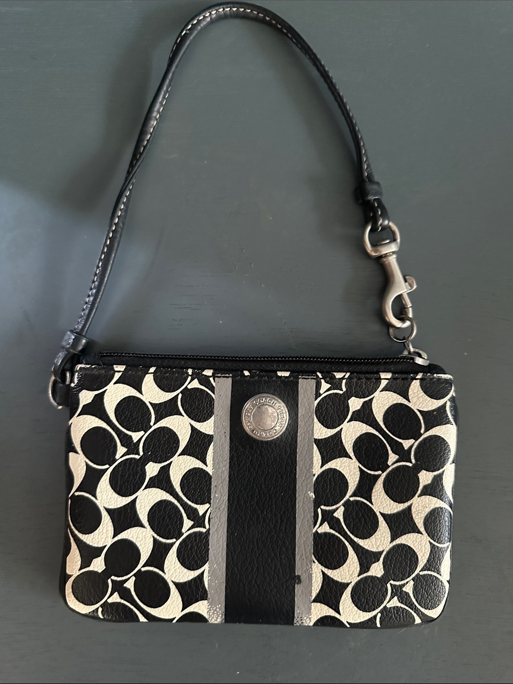 Coach Black & Cream Signature Stripe Wristlet